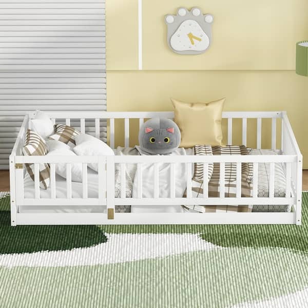 slide 2 of 5, Multi-function Design Wood Floor Bed with Fence and Door for Kids, Full Size, White White