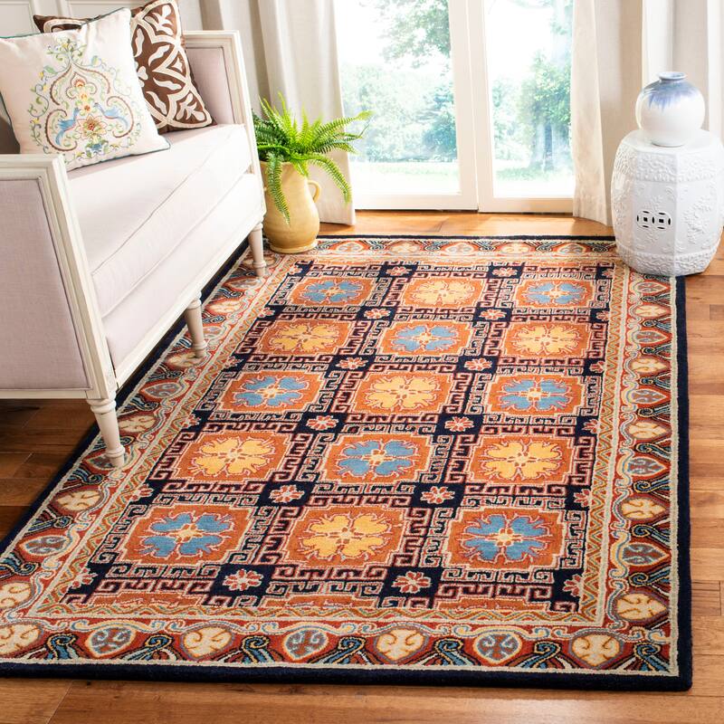 SAFAVIEH Handmade Heritage French Painted Avignon Traditional Oriental Wool Rug - 3' x 5' - Navy/Orange