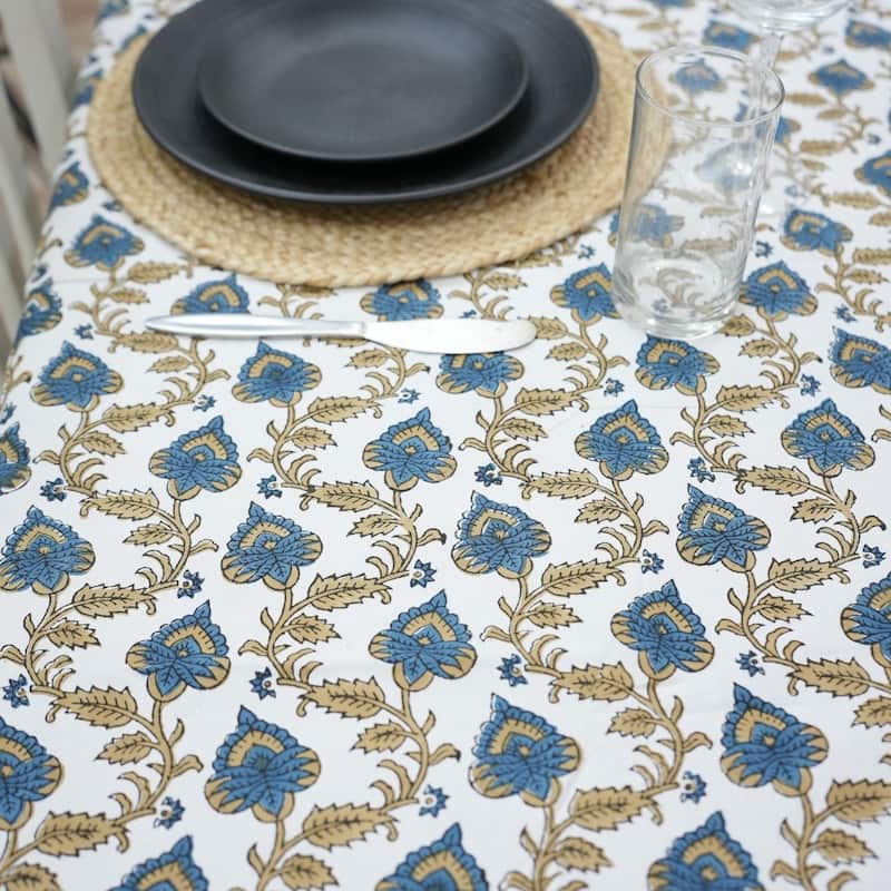 Fabdivine Handmade Block Print Cotton Brown Table Cover or Cloth Dining, Farmhouse & Kitchen Décor