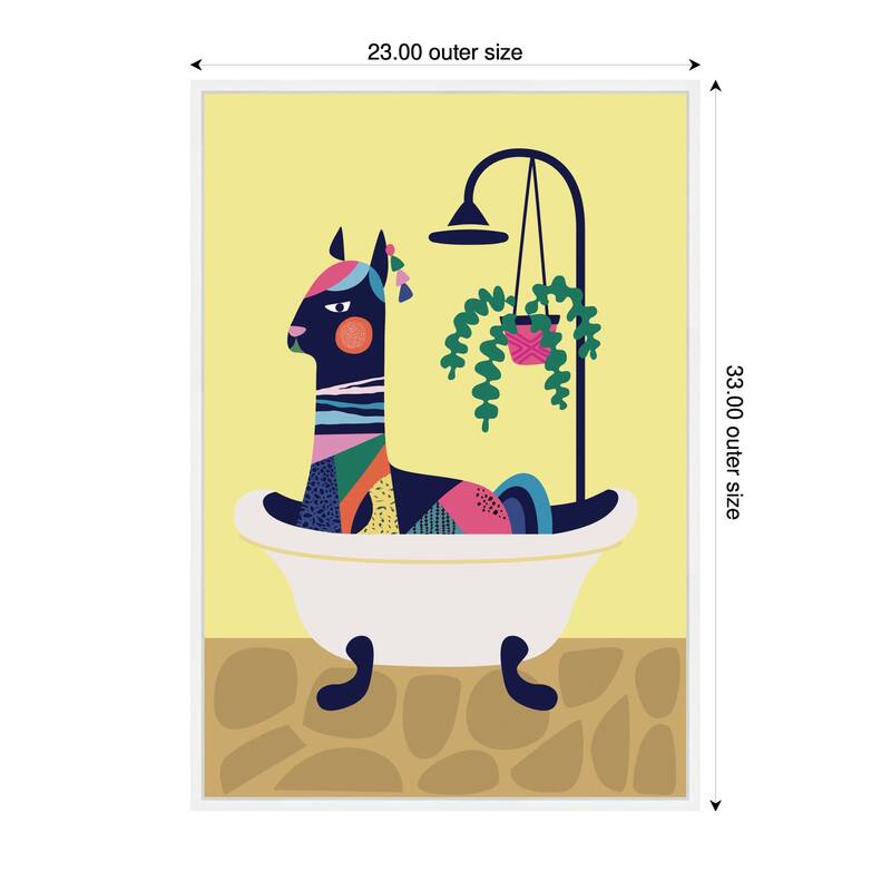 Kate and Laurel Sylvie Modern Yellow Llama in Bathtub Framed Canvas by Rachel Lee