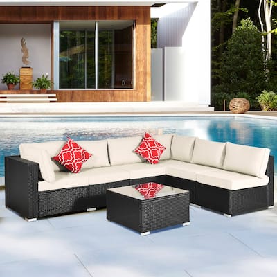 Outdoor Rattan Sectional Sofa Set with Modular Couch and Tempered Glass Countertop Table