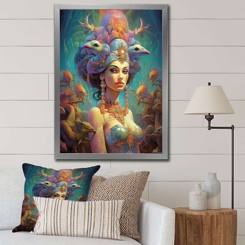 Designart "Exquisite Goddess In Psychedelic Pastels" Fashion Woman Framed Wall Art Living Room - 24 in. wide x 32 in. high - Silver