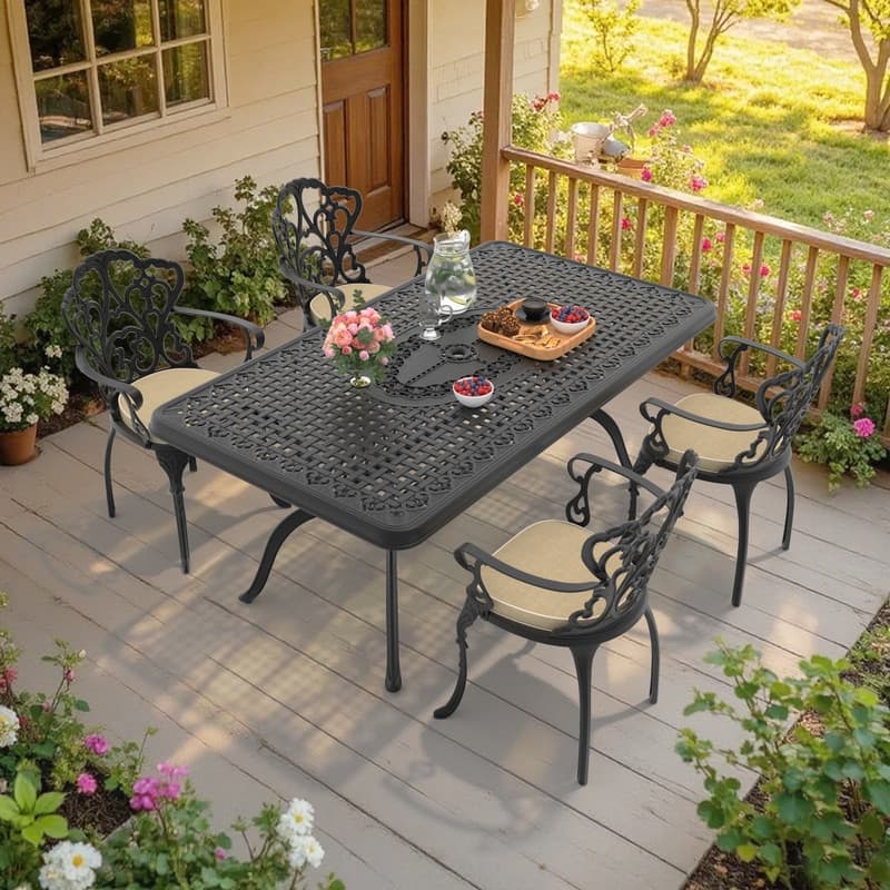 5-Piece Cast Aluminum Outdoor Dining Set with 66.93'' L X 37.40'' W Rectangular Table and Seat Cushions