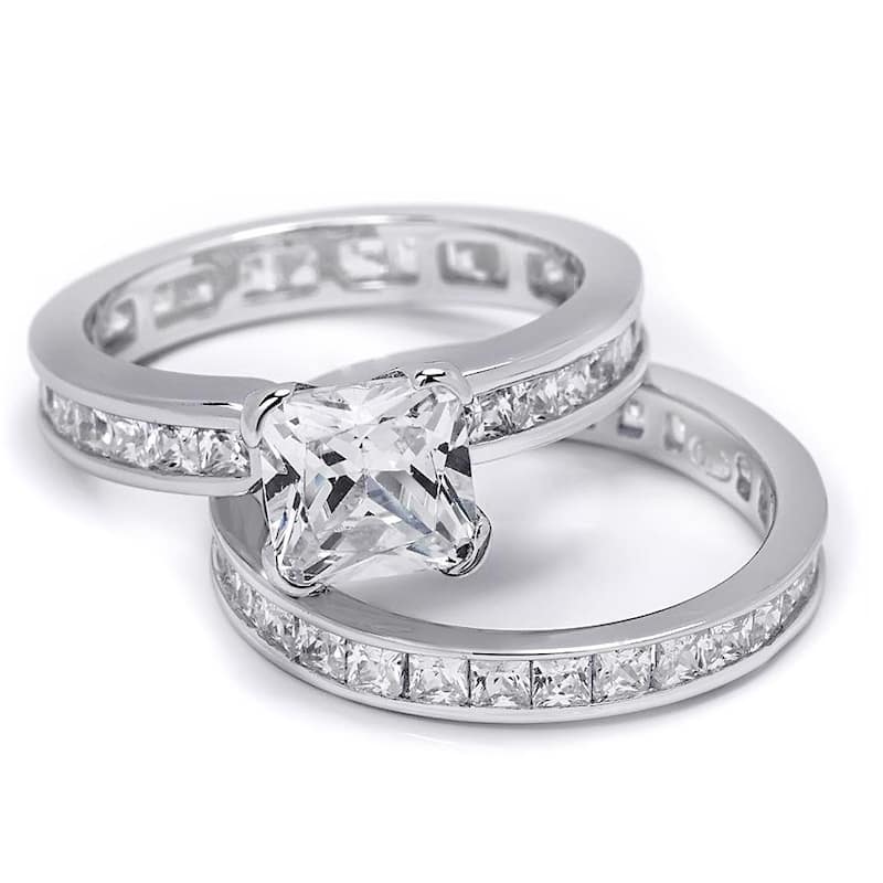 Womens CZ Wedding Band Engagement Ring Set 2.5 CT Princess Cut Silver