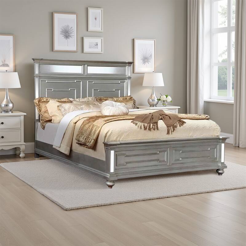 California King Bed with Mirror Paneled Headboard and Footboard, Silver
