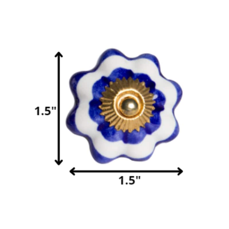 Set of 12 Blue White Gold Round Pulls Ceramic Flower Knobs for Cabinets Drawers or Wardrobes - Blue, White, Gold