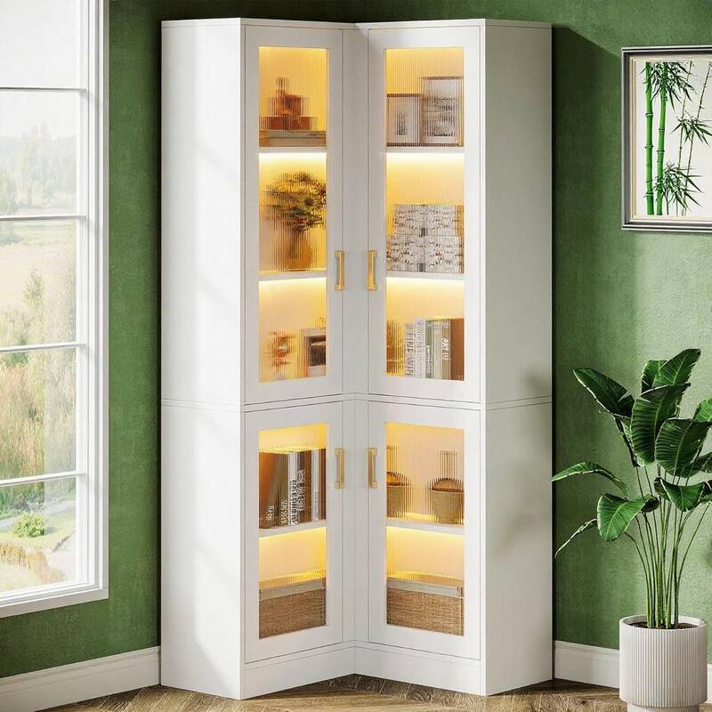 White L-Shaped LED Display Cabinet with 5 Adjustable Shelves Gold Handles for Living Room Bedroom Office - 30.12" x 70.87"