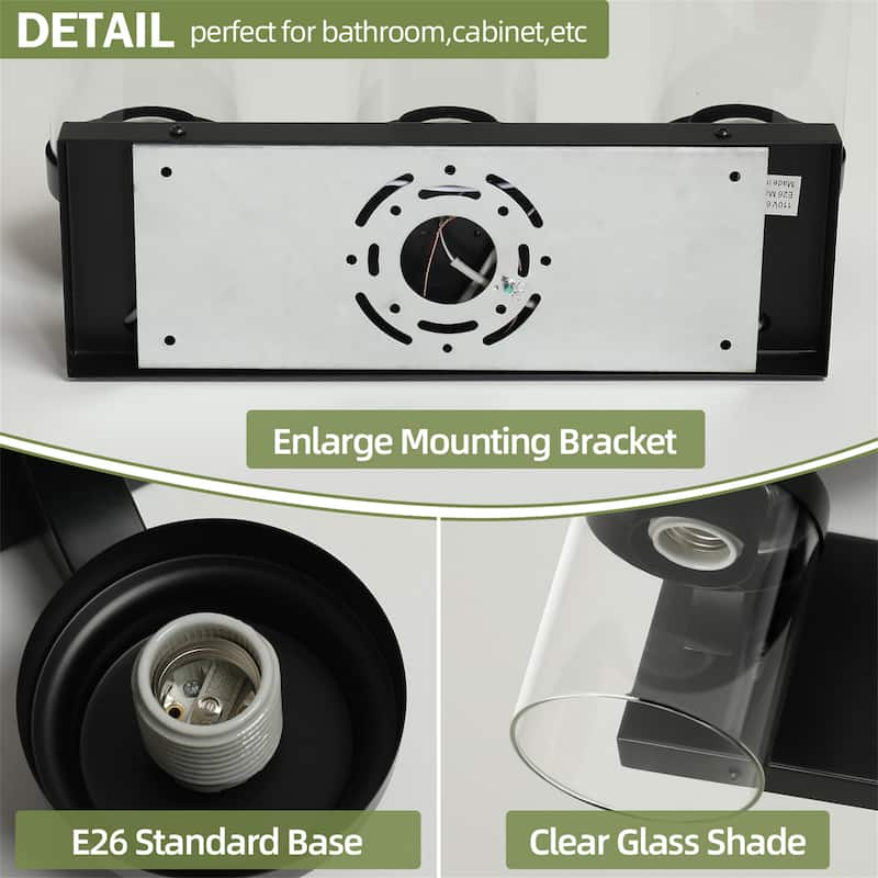 3-Light Matte Black Vanity Light Fixture with Clear Glass Shades