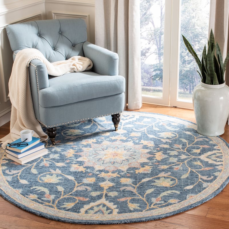SAFAVIEH Handmade Blossom Gliceria Modern Floral Wool Rug - 6' Round - Navy/Multi