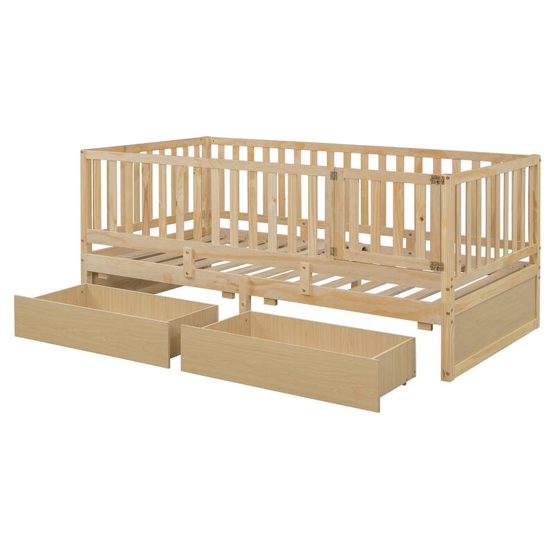 Twin Size Convertible Wood Daybed & Floor Bed with Fence Guardrails and 2 Drawers