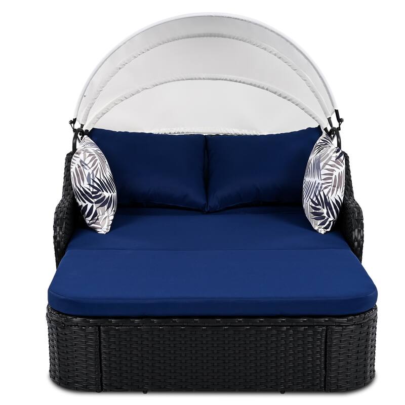 79.9" Outdoor Patio Sunbed, 2 Seater Lounge Chaise with Adjustable Canopy, All Weather PE Rattan Daybed with Removable Cushions - Black+Blue