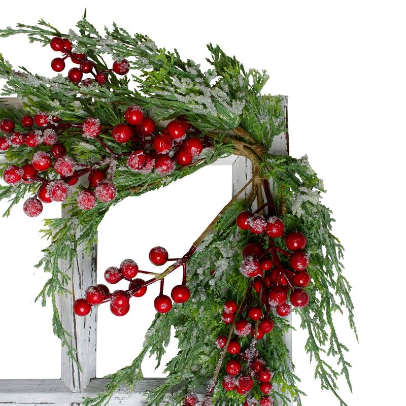 22" White Washed Window Frosted Berries and Cedar Christmas Wall Decor