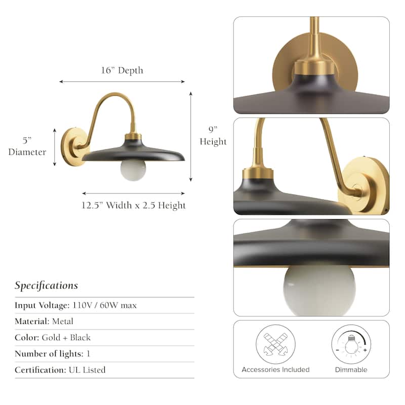 Arcoris Metal Wall Sconces - 12.5" Metal & Gold, Matte Black 1-Light Wall Lighting For Bathroom, Reading Nooks in Modern Style