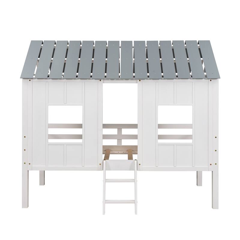 Twin Size Low Loft House Bed - White with Roof & Two Front Windows