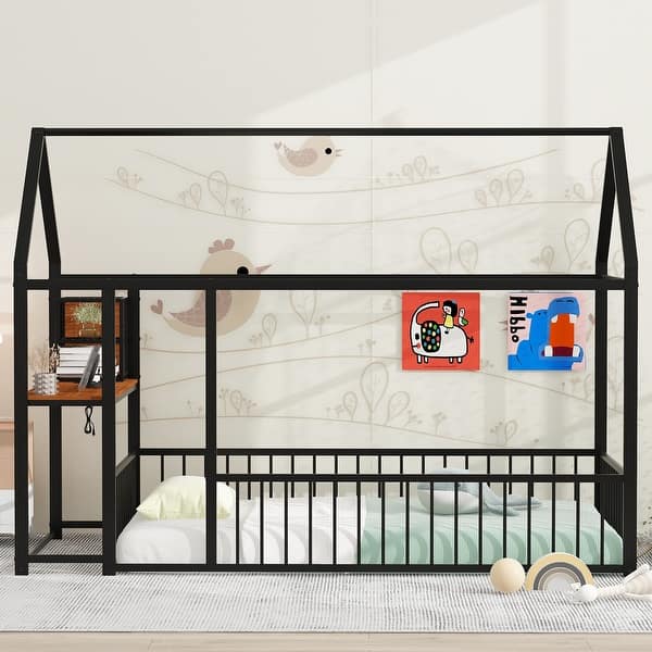 slide 2 of 36, Metal House Bed Frame, Kids Montessori Bed Floor Bed with Side Desk, Power Outlets and USB Ports Black - Twin