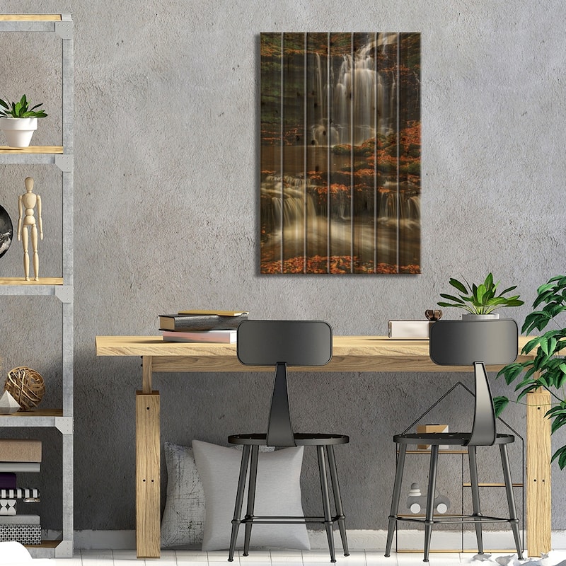 Woodland Waterfall Print On Wood by Adam Burton - Multi-Color