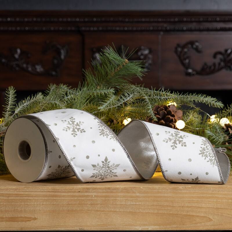Snowflake Christmas Wired Craft Ribbon - 4" x 20 Yards - White and Gray