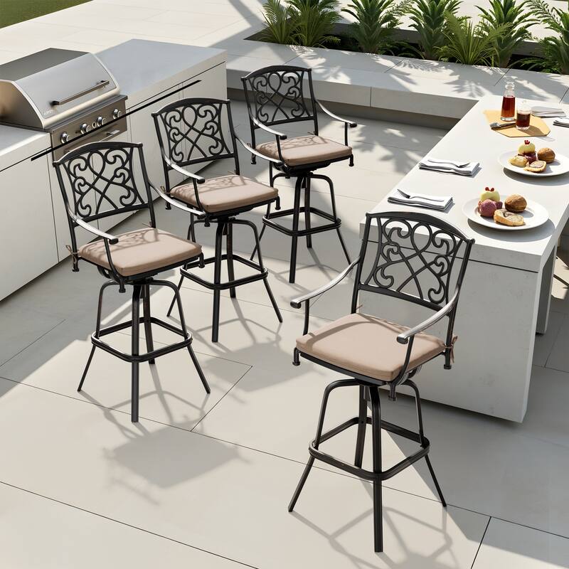 Pellebant Patio Aluminum Swivel Bar Stool with Sunbrella Cushion - Beige-4PC