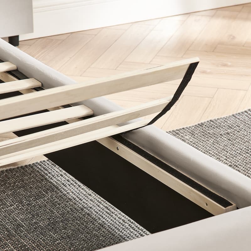 Upholstered Bed, Vertical Stripe Buttons Design Wingback Bed Frame, Velvet Fabric Platform Bed with Bedside Table