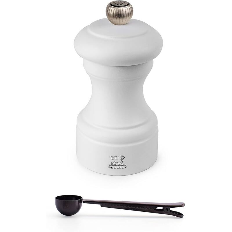 Peugeot Bistro 4 Inch Pepper Mil Gift Set, Matte White - With Stainless Steel Spice Scoop/Bag Clip - White - 2 Piece