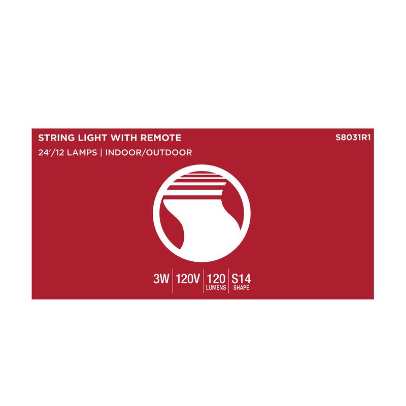 24 Foot LED String Light 12-S14 Lamps E26 RGBTW Infrared Remote Black 120V