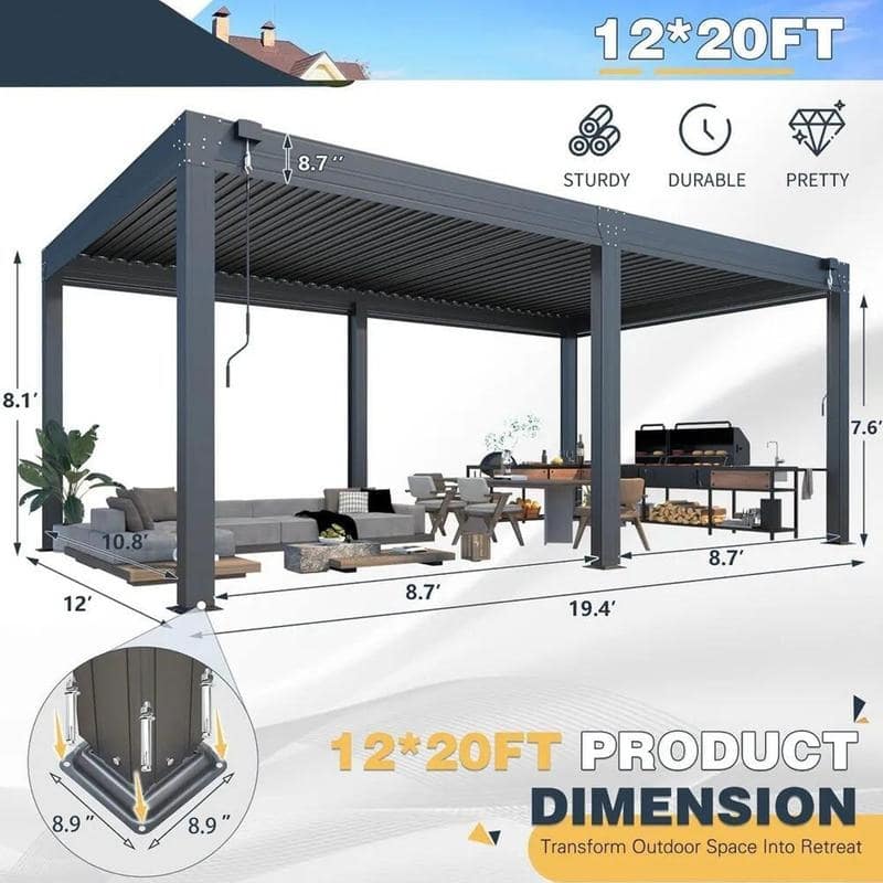 EROMMY Outdoor Louvered Pergola Gazebo with Adjustable Aluminum Rainproof Roof and Pull-Down Screen