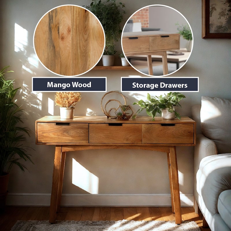 48" Mango Wood Console Table with 3 Drawers Mid-Century Style