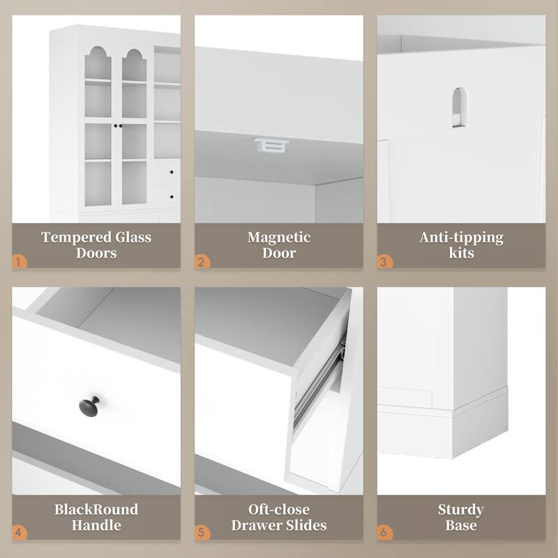 Tall Kitchen Pantry Cabinet, 75" Freestanding Buffet with Hutch, 4 Drawers, Door Shelves & Pull-Out Trays, Dining Room Storage