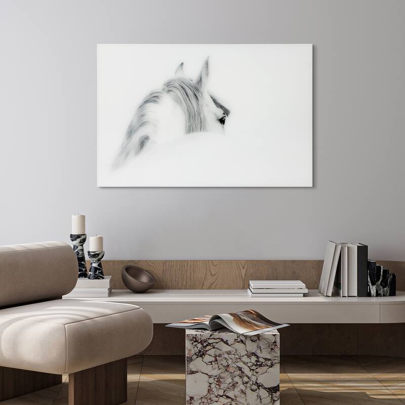 "Blanco Mare Horse" Frameless Free Floating Tempered Glass Panel Graphic Wall Art