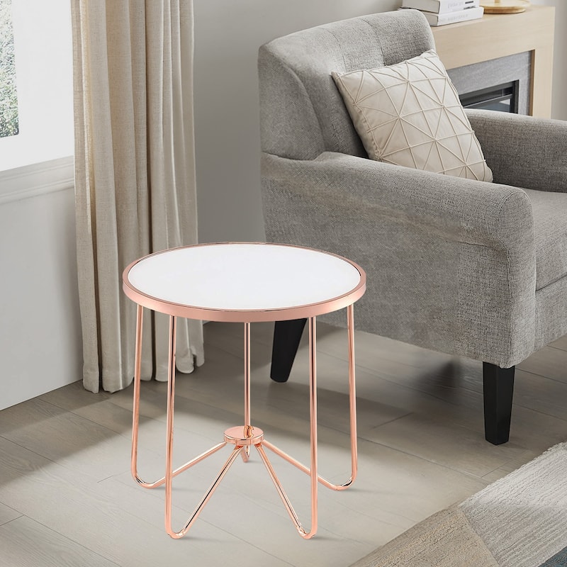 22 in. Frosted Glass/Rose Gold Round Glass End Table, Sturdy Build End Side Table for Living Rooms