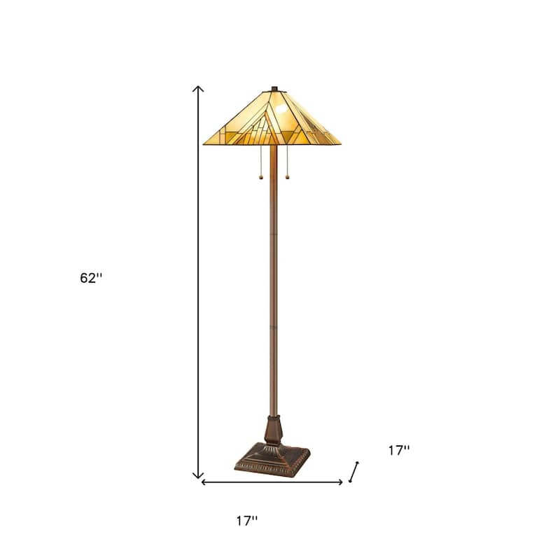Beige Metal Torchiere Floor Lamp with Stained Glass Empire Shade - 17” x 17” x 62” (D x W x H)