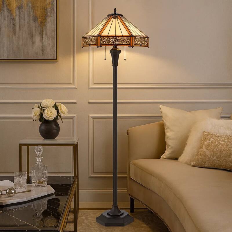 Eli 60 Inch Floor Lamp, Hexagonal Tiffany Style Shade, Dual Light, Bronze