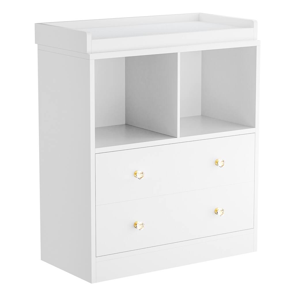 Changing Table With Pad, Modern Changing Station With 2 Drawers and 2 Open Compartments