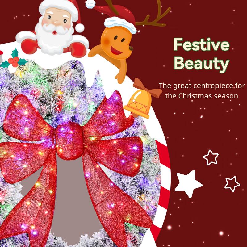 HOMCOM 48in Flocked Pre-Lit Wreath: 200 LED, 11 Modes, Remote, 3D Bow, Indoor/Outdoor