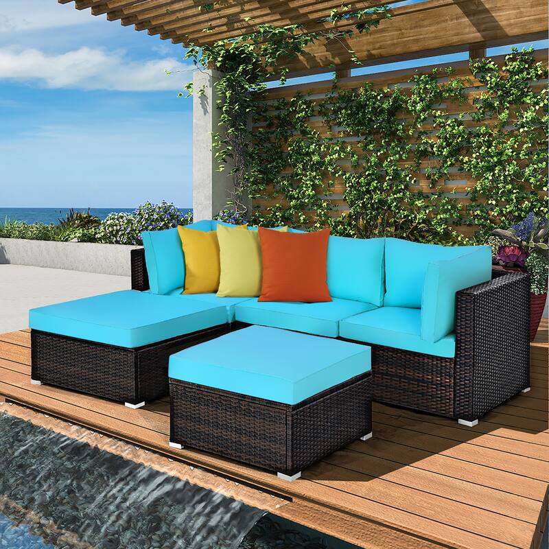 Costway 5PCS Patio Rattan Sectional Conversation Set Ottoman Turquoise - 5-Piece Sets