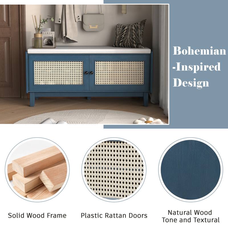 Boho Rattan Entryway Storage Bench with Double Doors