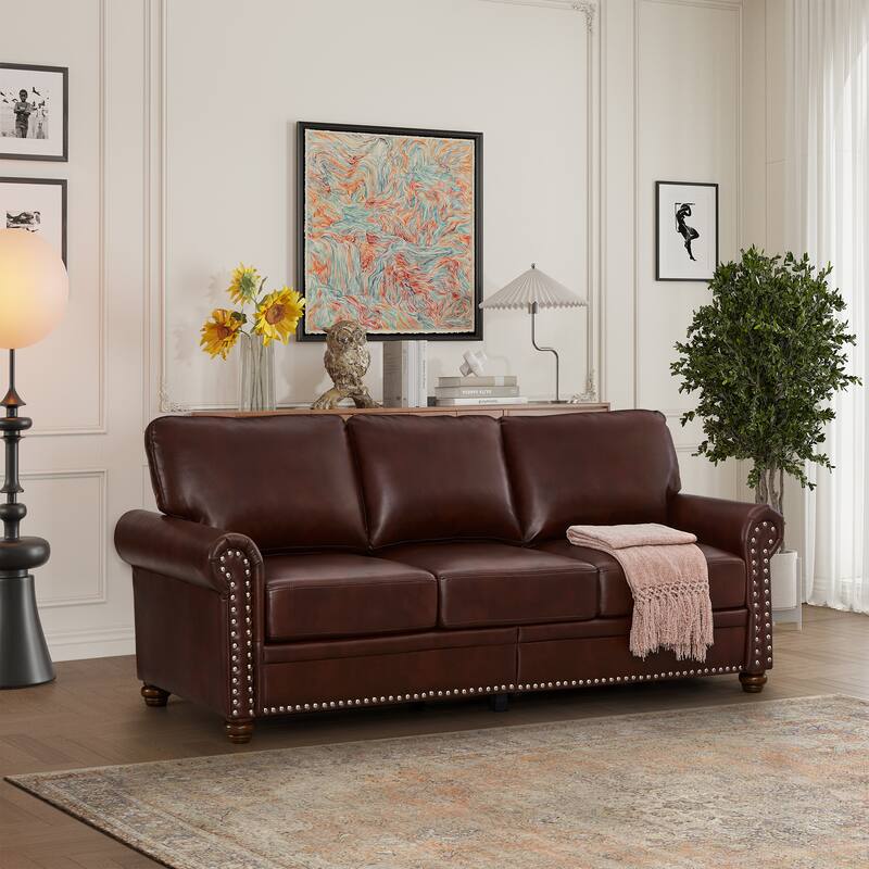 Classic Living Room Nails Leather Sofa