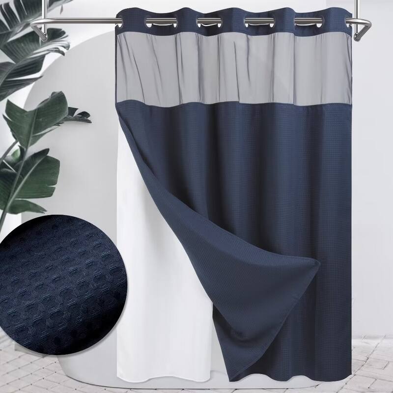 No Hook Waffle Weave Shower Curtain with Snap-in Liner - 71"Wx74"L - Navy Blue