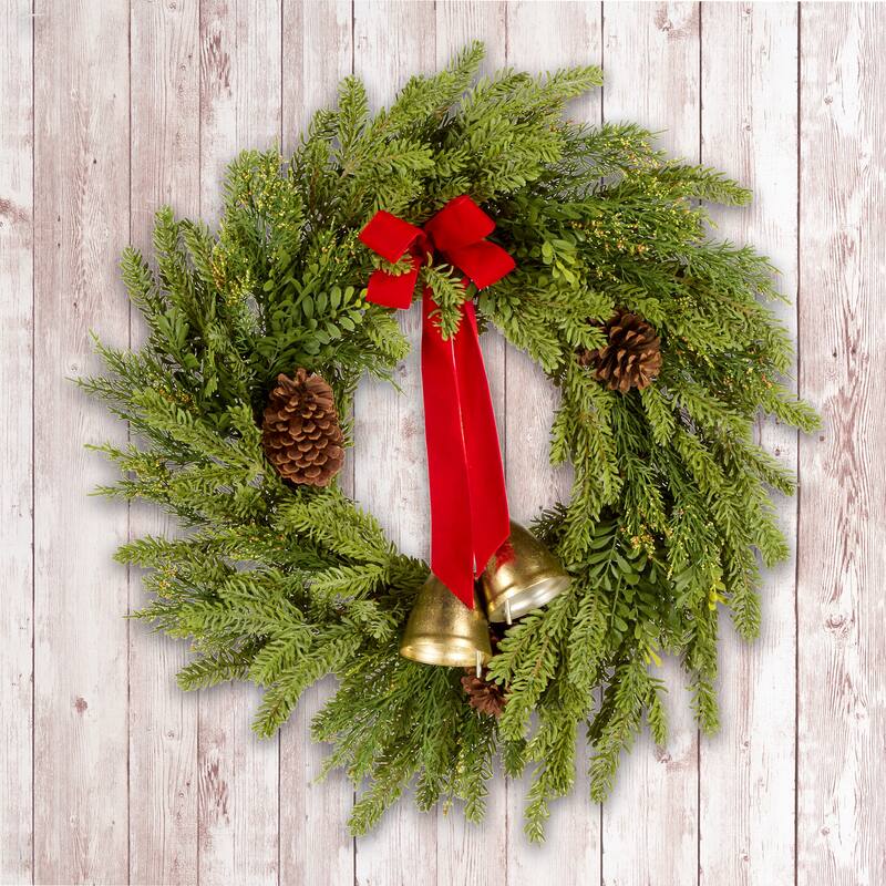 National Tree Company 28 in. Artificial Christmas Bells Pine Wreath with a Red Bow, Pinecones and Bells - 28 in
