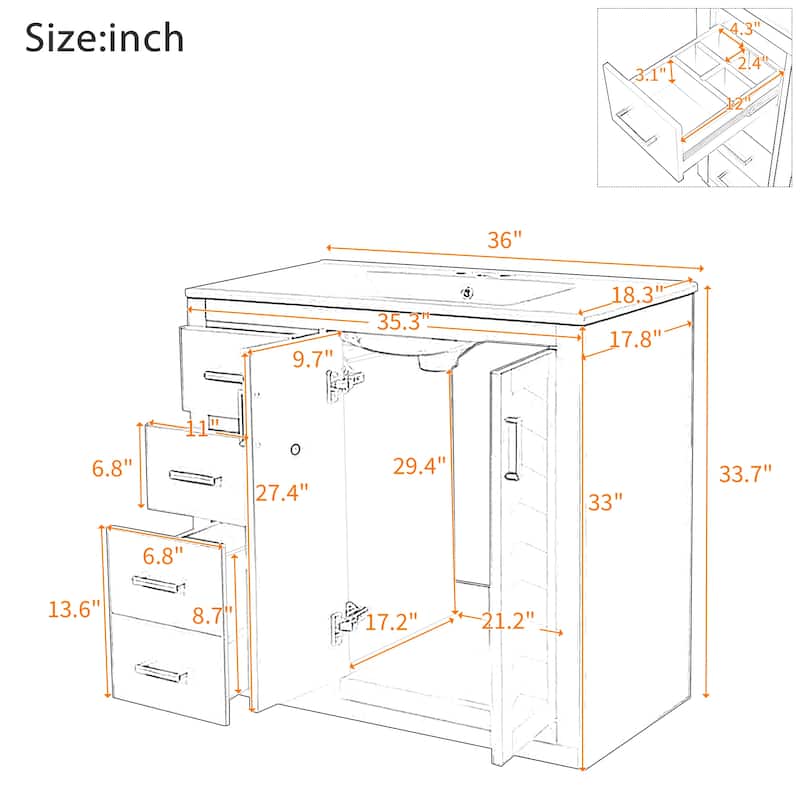 36'' Freestanding Bathroom Vanity Set–Features a Ceramic Sink, Solid Wood Frame,3 Soft-Closing Drawers, and Ample Storage Space.