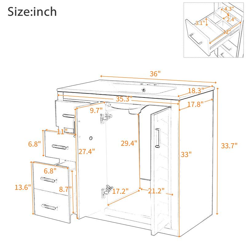 Roomfitters 36 Inch Bathroom Vanity with Ceramic Sink Combo, Solid Wood Frame Storage Cabinet with 3 Drawers