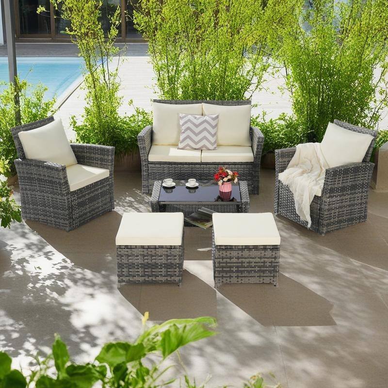 6-Piece Outdoor Patio Rattan Conversation Sofa Set with Tempered Glass Coffee Table - Beige
