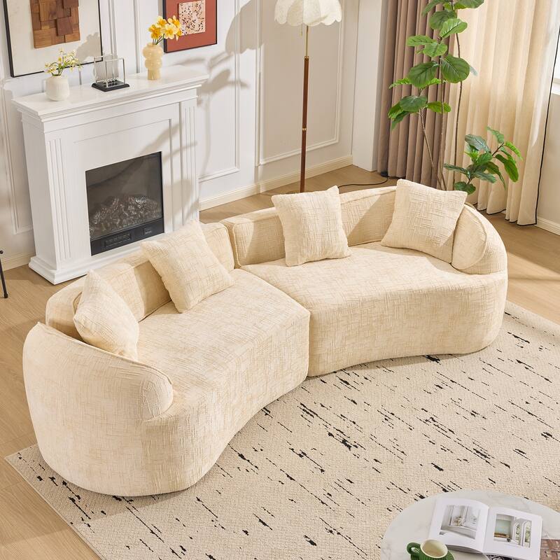 Curved Sectional Sofa with Pillows, Chenille Upholstered 4 Seater Sofa, Full-Compressed Deep Seat Sofa for Living Room