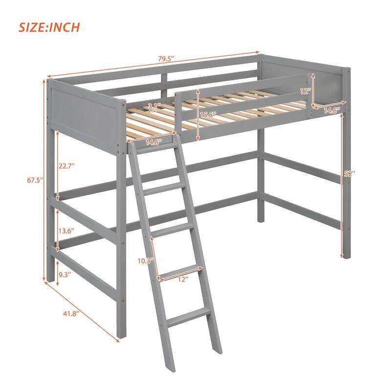 Twin Solid Wood Loft Bed with Ladder & Fence