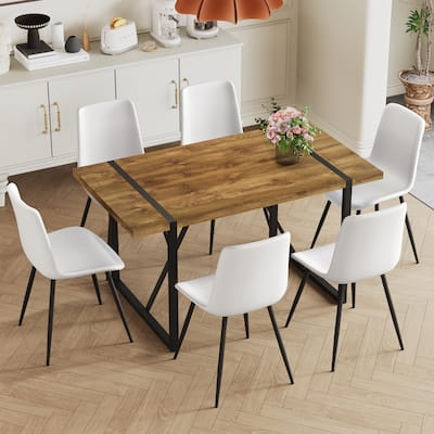 Wood Dining Table Set for 6, 7 Piece Rectangular Dining Table Set with 6 White Faux Leather Dining Chairs for Kitchen