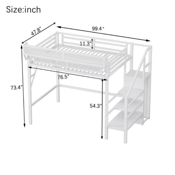 Twin XL Metal Loft Bed with Stairs, Full Size Loft Bed with Storage Shelves and Wardrobe for Kids and Teens