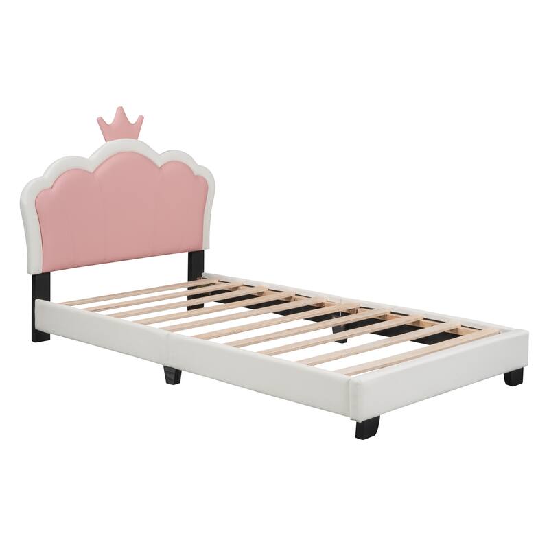 Twin Upholstered Platform Bed with Crown-Shaped Headboard, Pink & White Princess Design, Sturdy PU Leather Frame