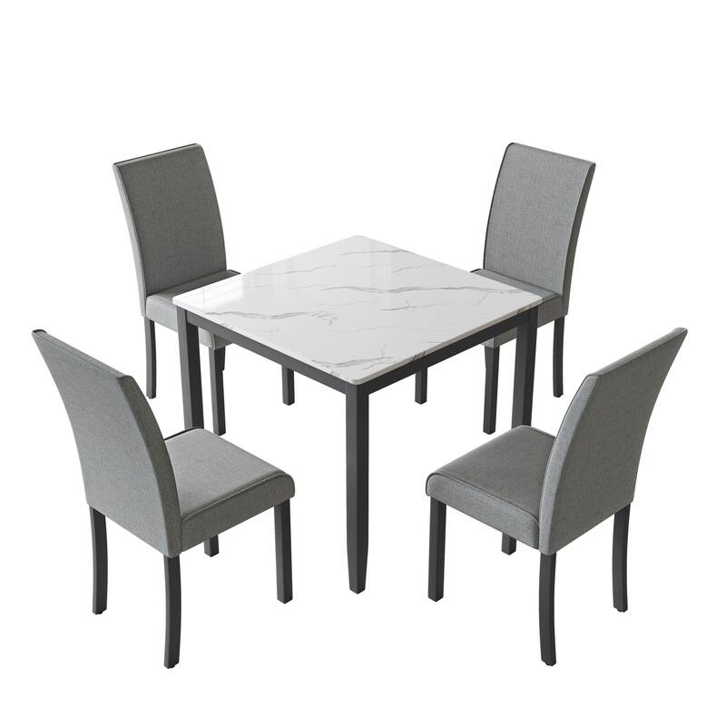 Corvus Fowey 5-piece Dining Set, Marble Sticker MDF Table and 4 Upholstered Chairs