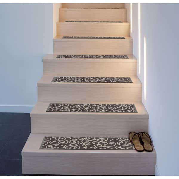slide 2 of 5, World Rug Gallery Modern Scroll Pattern Grey Nylon Stair Treads 8.6" x 26" (Set of 4)