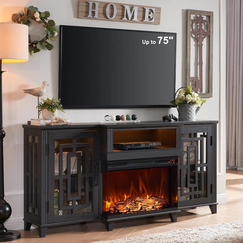 Farmhouse 3-Sided Glass Fireplace TV Stand for 75" TV, Media Console